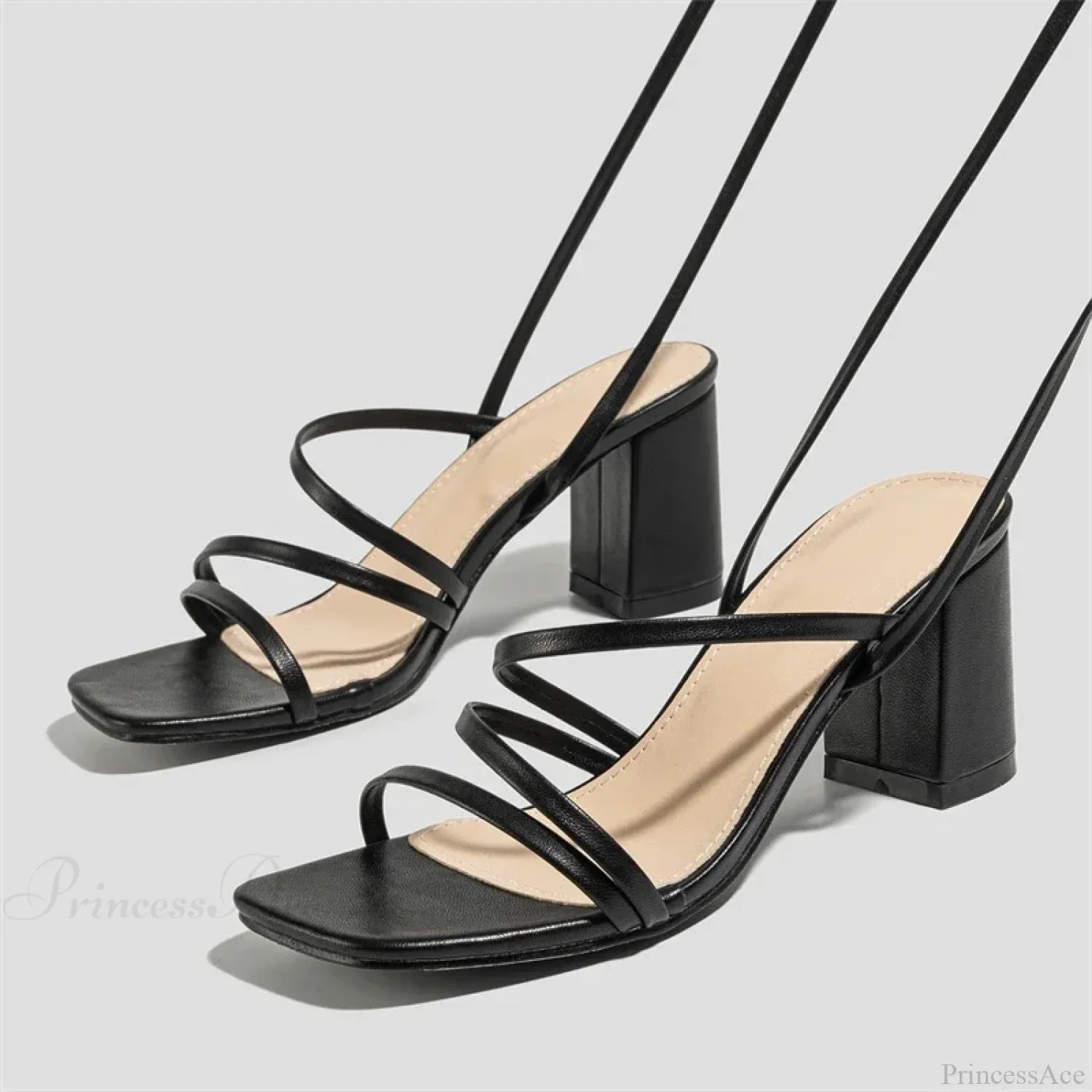 Fashion Narrow Band Ankle Cross-Strap Square Toe Banquet Party Low Heel Pump