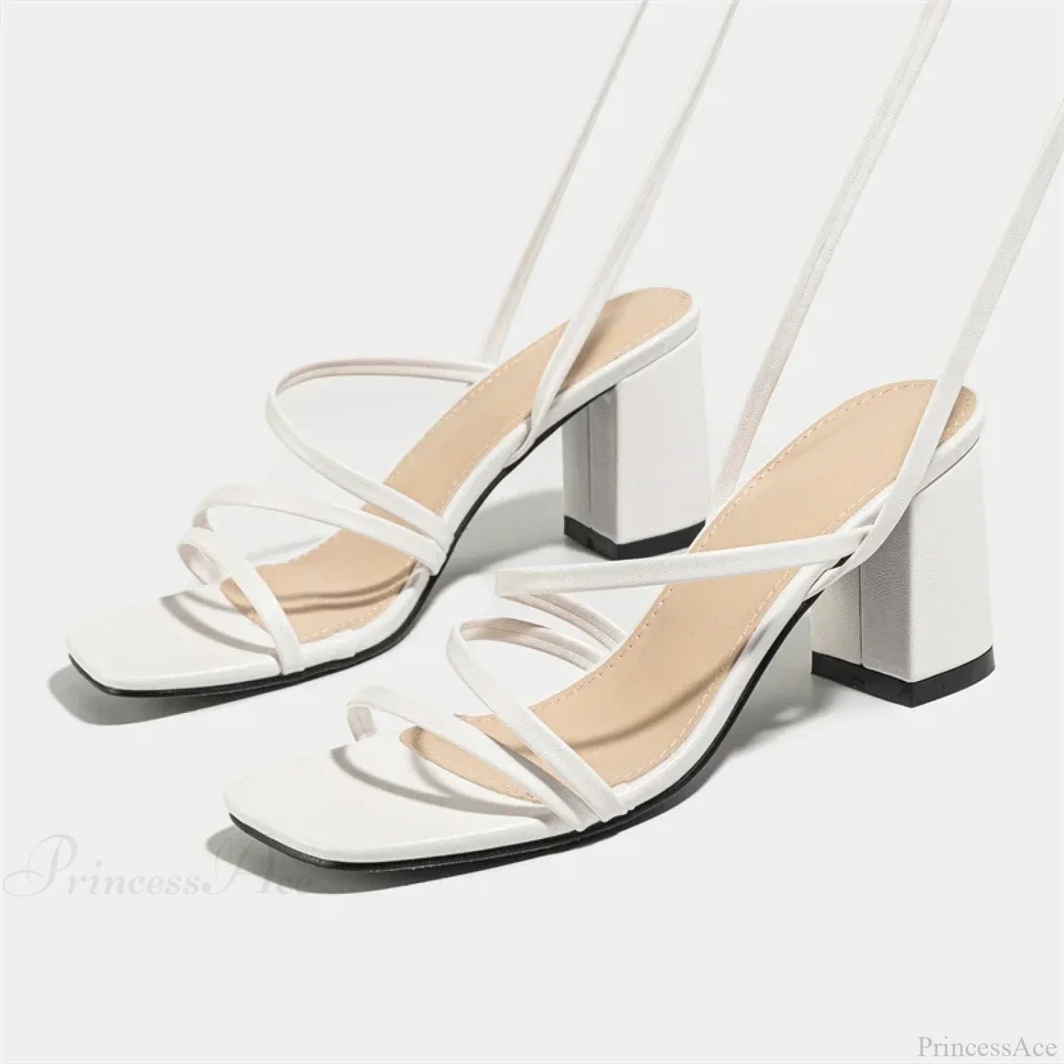 Fashion Narrow Band Ankle Cross-Strap Square Toe Banquet Party Low Heel Pump