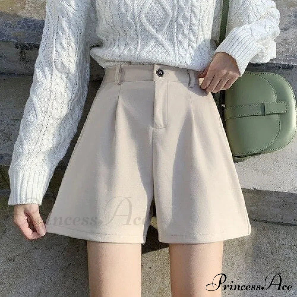 Fashion Solid Wide Leg Woolen Shorts