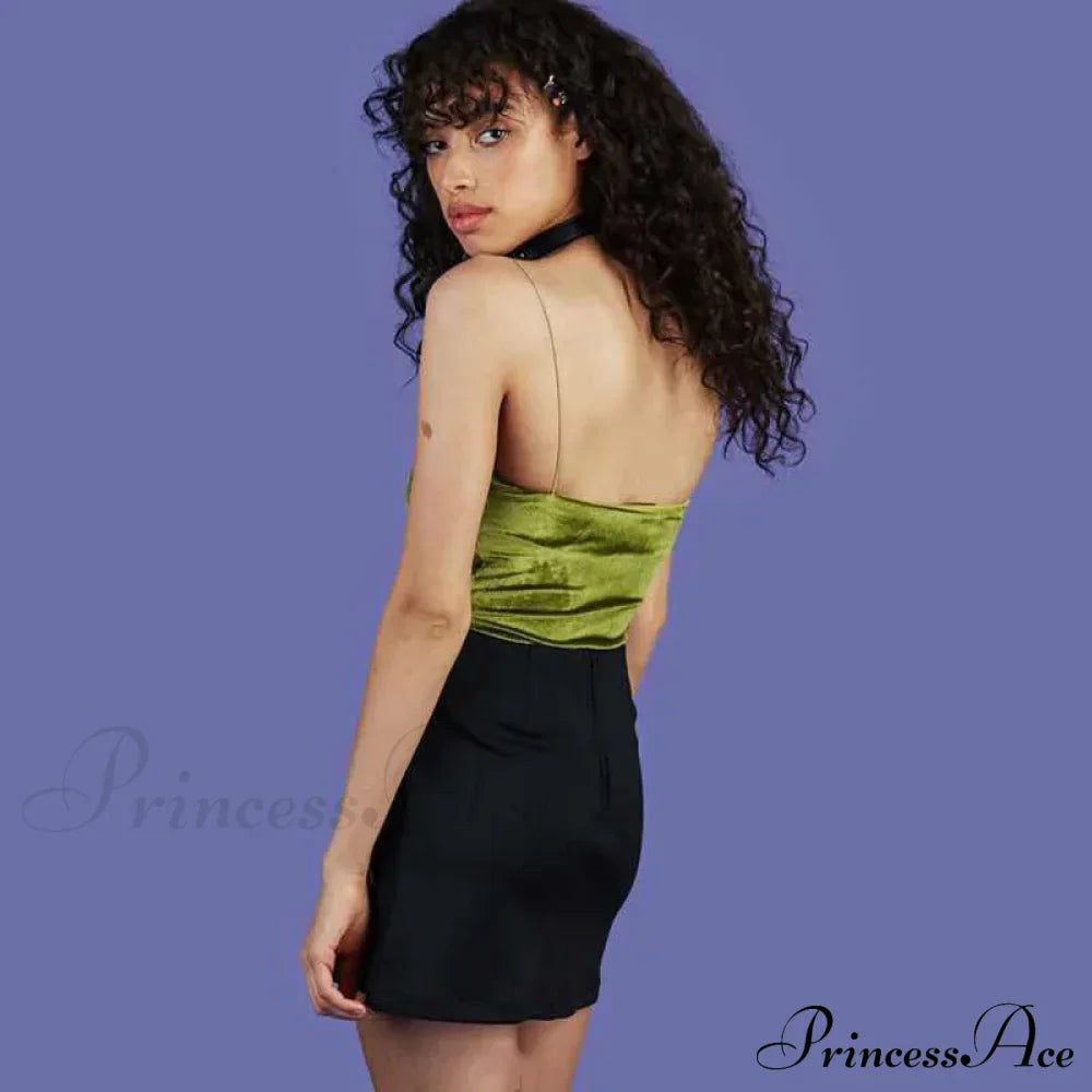 Top corto aderente in velluto con spalline sottili alla moda, bustino sensuale senza maniche