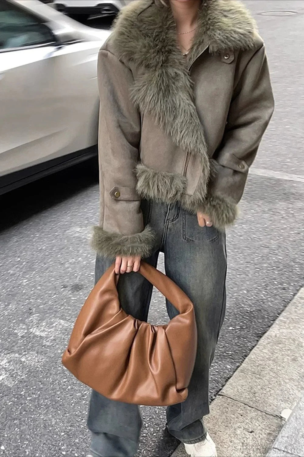 Kunstpelz Wildleder Kurze Bikerjacke