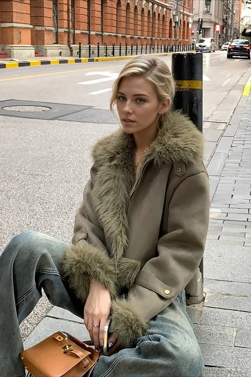 Faux Fur Suede Short Biker Jacket