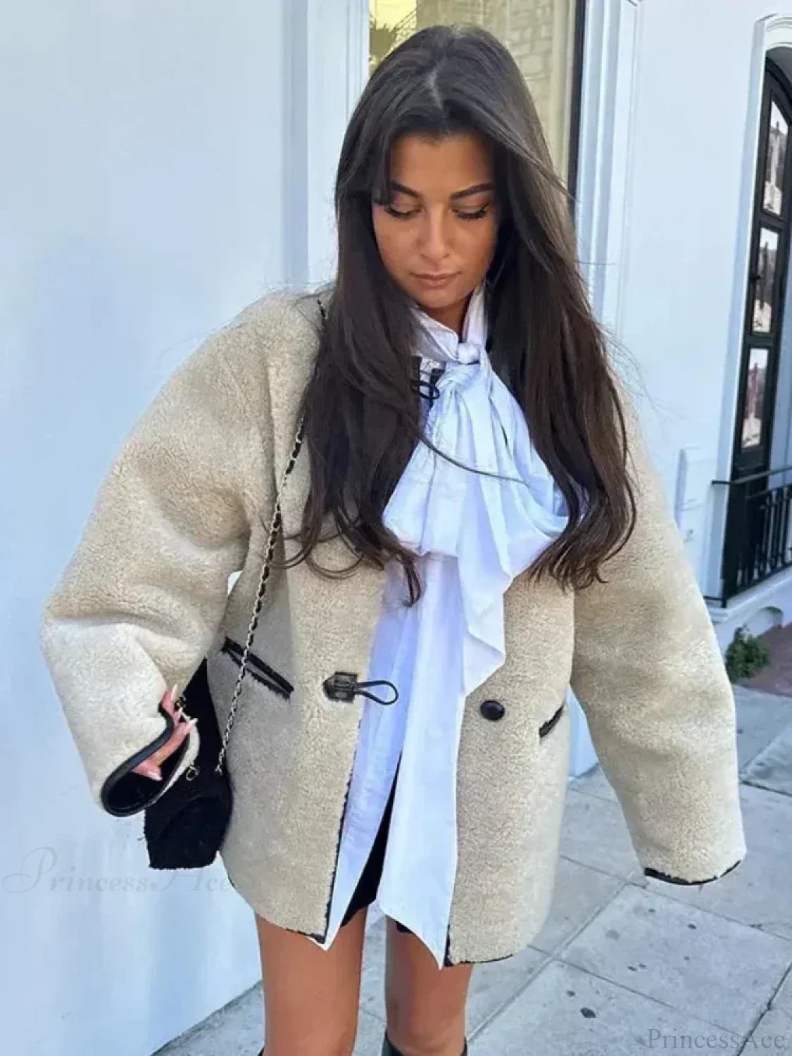 Sobretudo Retro Solto de Lã Sintética com Gola O