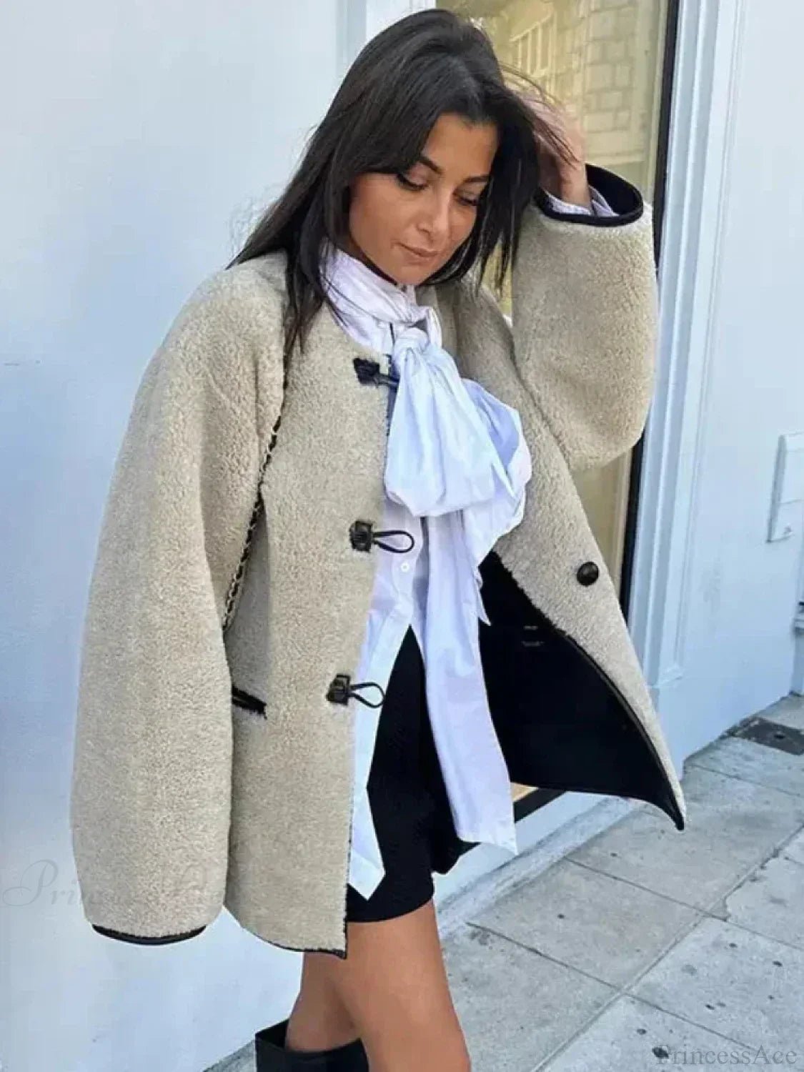 Sobretudo Retro Solto de Lã Sintética com Gola O