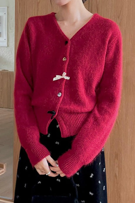 V Neck Bow Detail Button Cardigan
