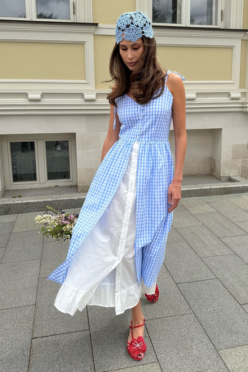 Plaid Fake Two-Piece Single Breasted Spaghetti Strap Midi Dress