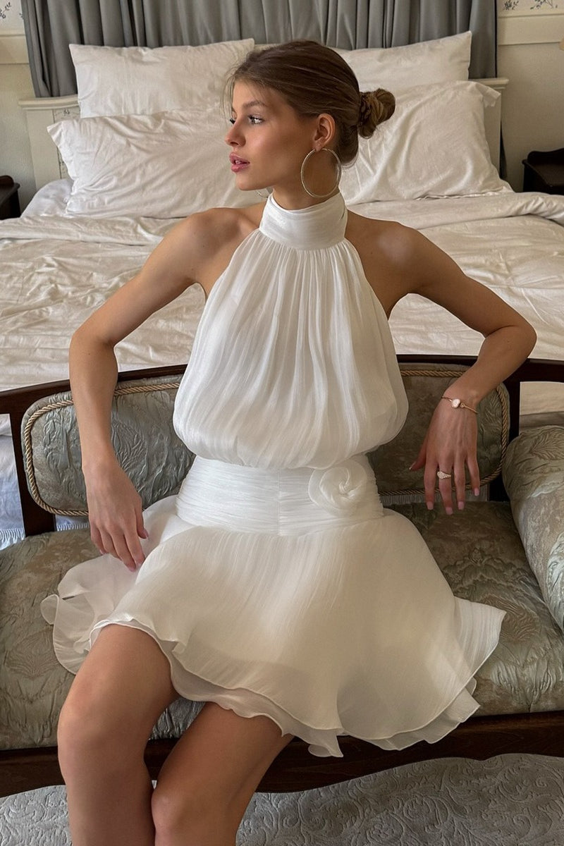 Tie Halter Shimmery 3D Floral Flowy Mini Dress