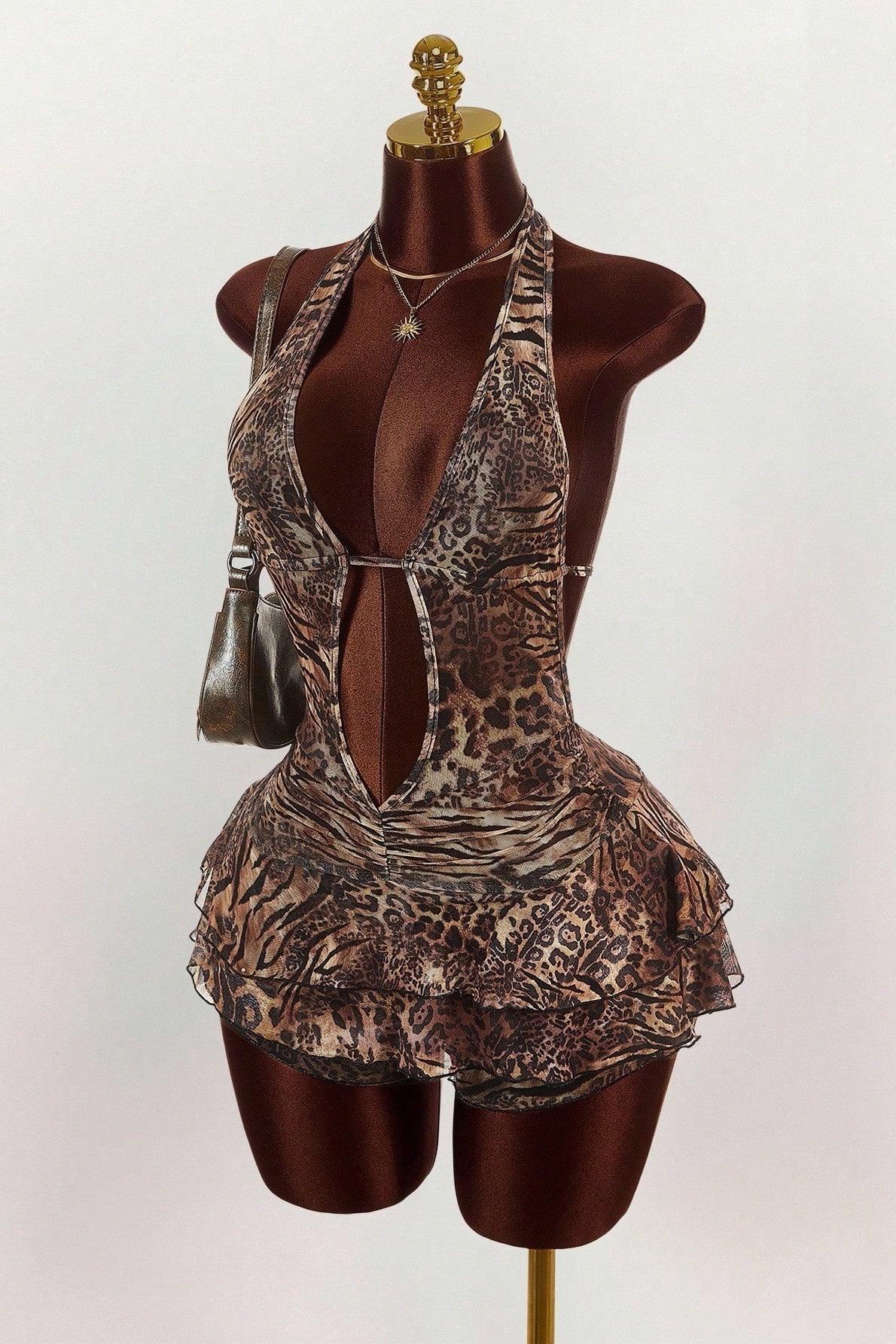 Leopard Print Sexy Halter Tie Tiered Mini Dress