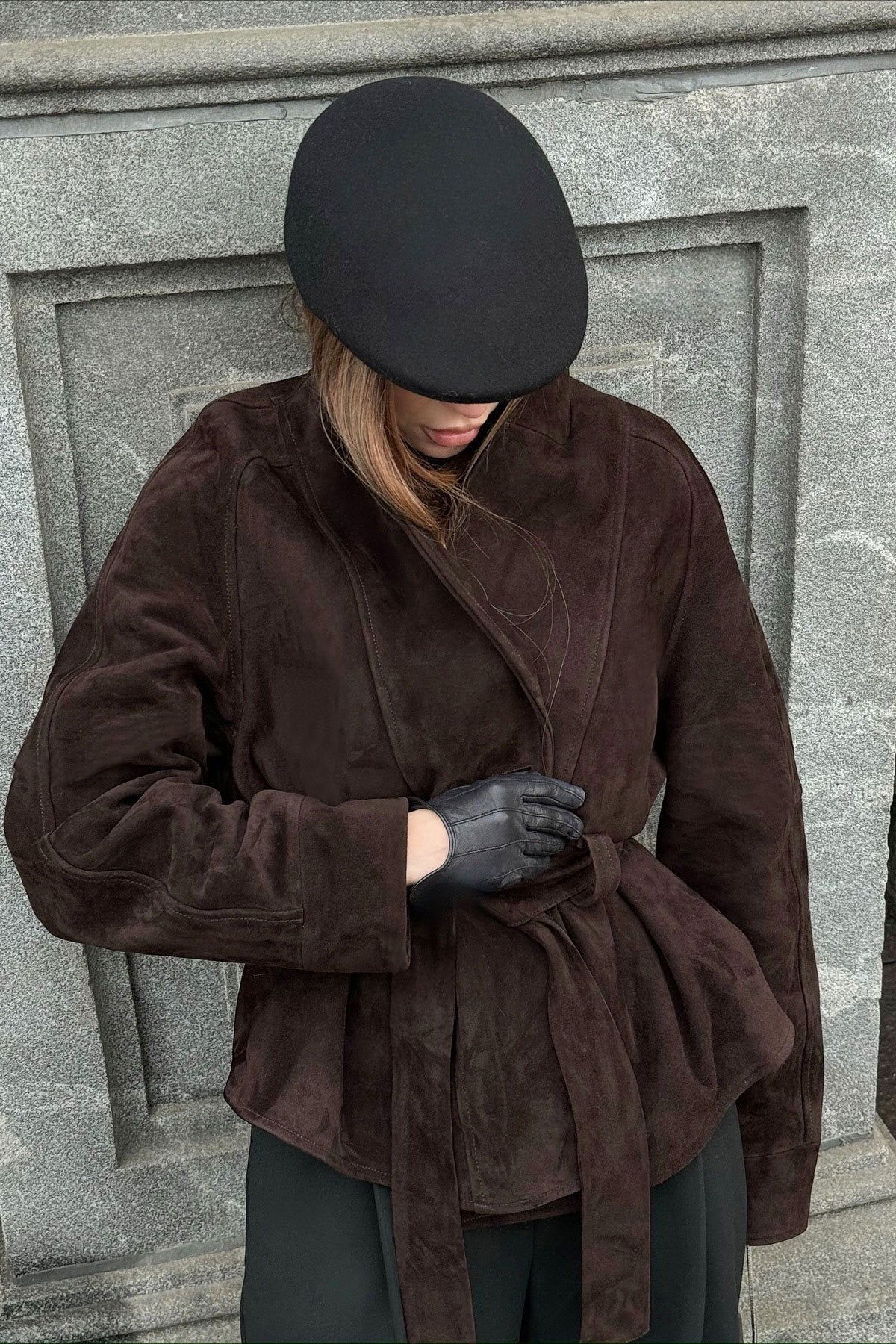 Giacca vintage in pelle scamosciata a maniche lunghe