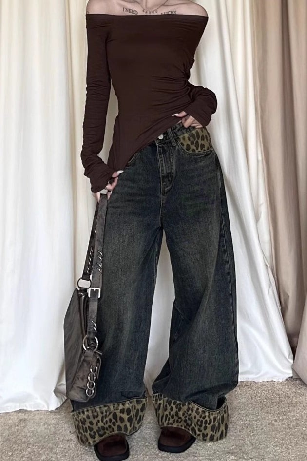 Jean large à revers avec patchwork léopard vintage
