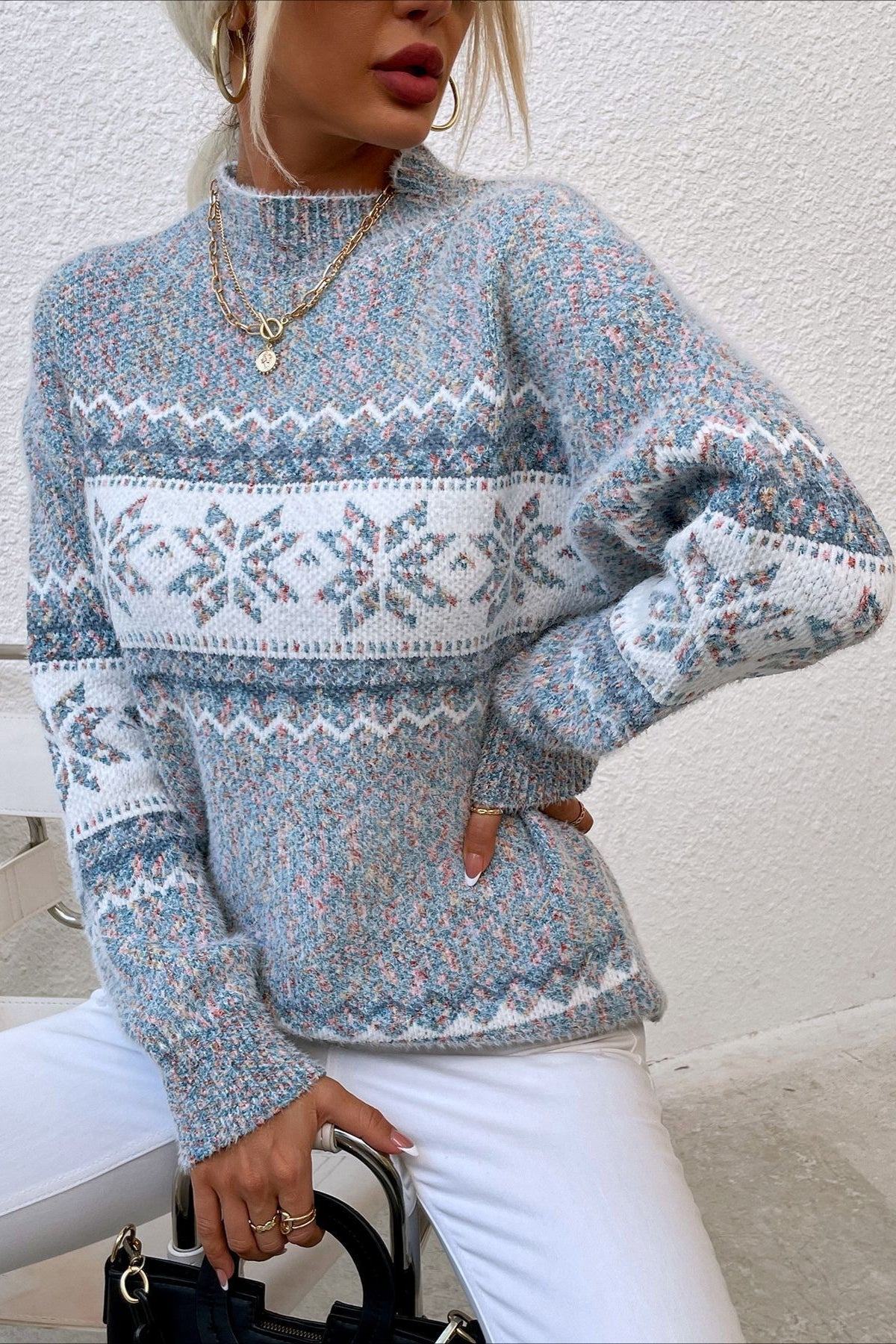 Knit Half-High Neck Snowflake Pullover Sweater