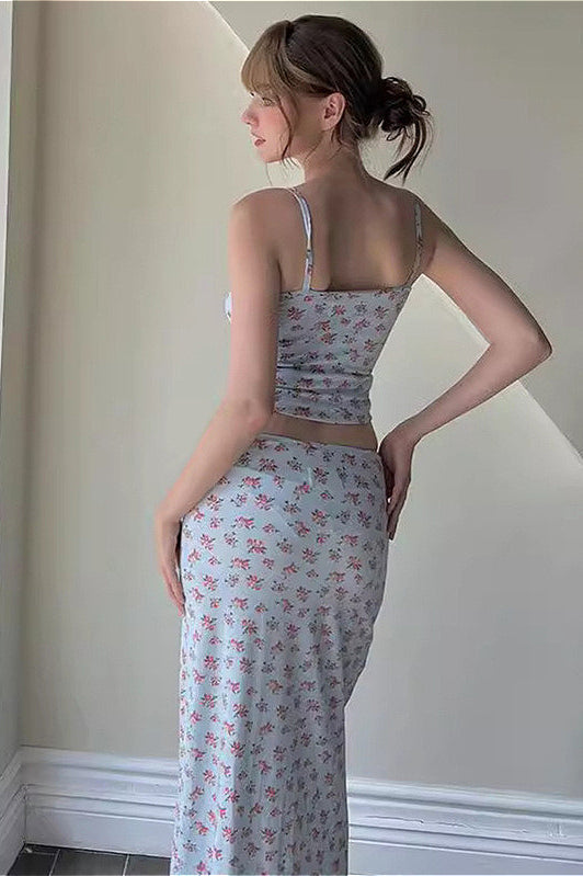 Cami Top Floral Print Long Midi Skirt Two Piece Set