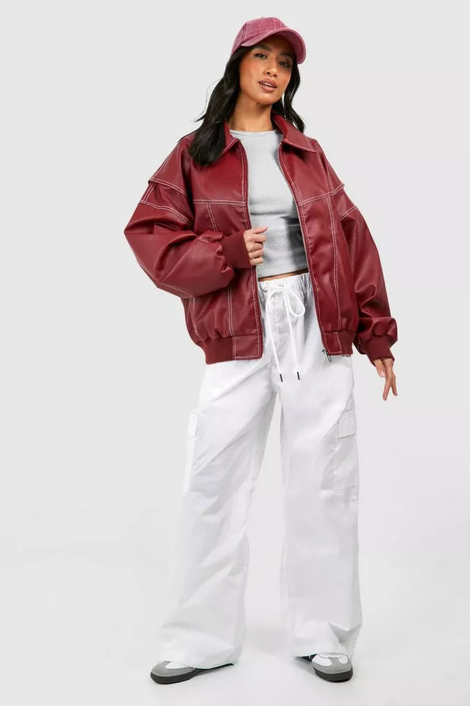 Pauline – Veste en cuir oversize rouge femme