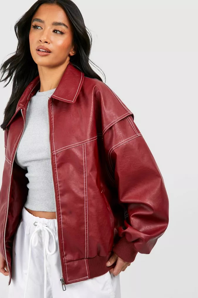 Pauline – Veste en cuir oversize rouge femme