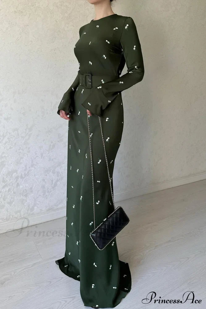 Floral Print High Waist Midi Dress with Belt