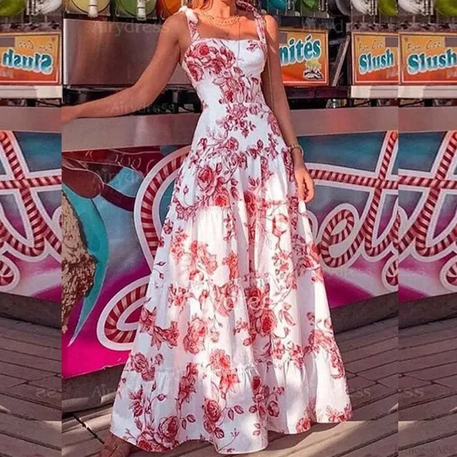 Vestido Longo Floral de Alças Finas com Cintura Alta