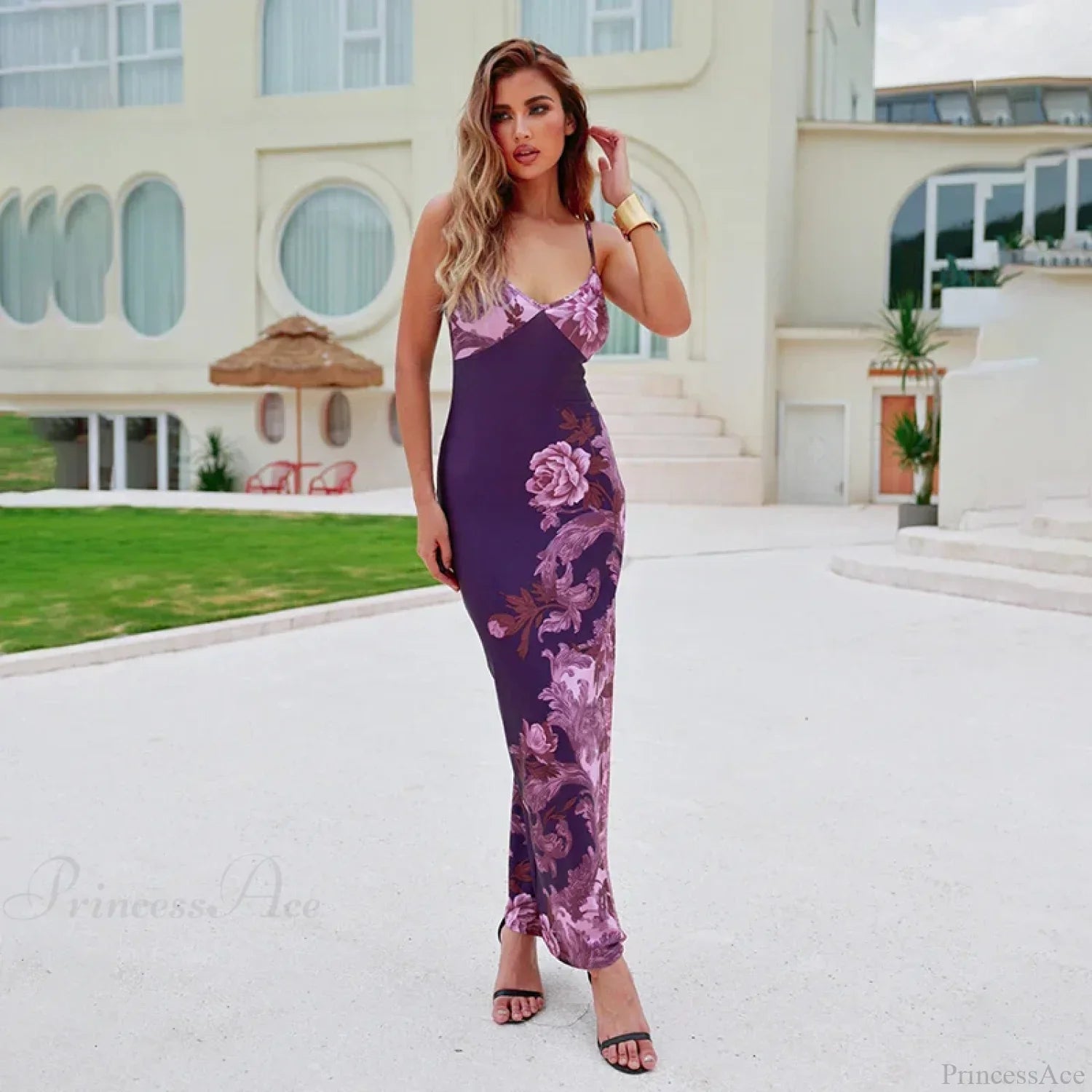 Vestido Longo Floral Slim com Decote V