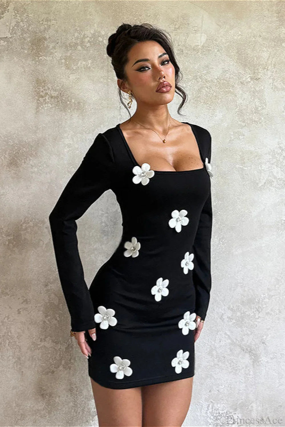 Floral Waist Slim Sexy Long Sleeve Bodycon Mini Dress