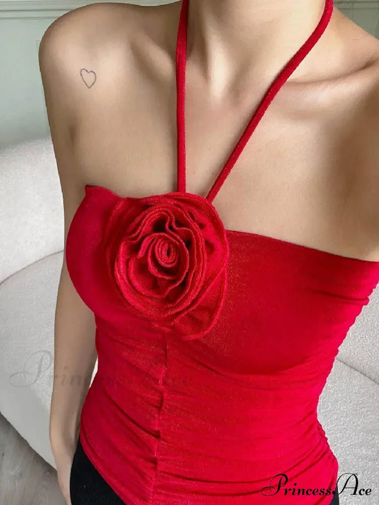 Top a canotta nero mini con spalline incrociate, senza spalle, senza schienale, con motivo a fiori e arricciature, canotta sexy da donna