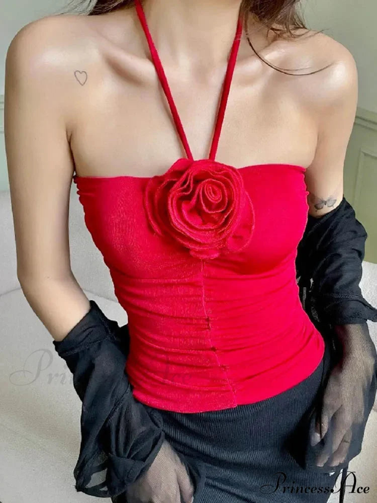 Top a canotta nero mini con spalline incrociate, senza spalle, senza schienale, con motivo a fiori e arricciature, canotta sexy da donna