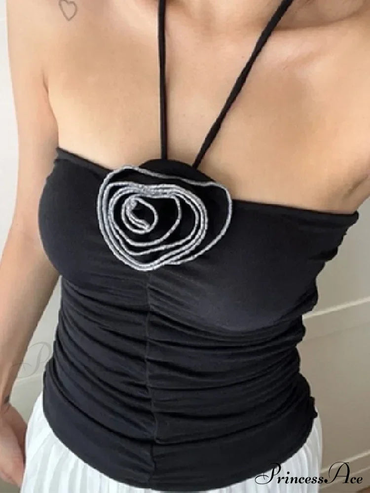Flower Patchwork halter Tubes Off Shoulder Backless Tank Sexy Women Off Shoulder Ruched Black Mini Vests Tank top