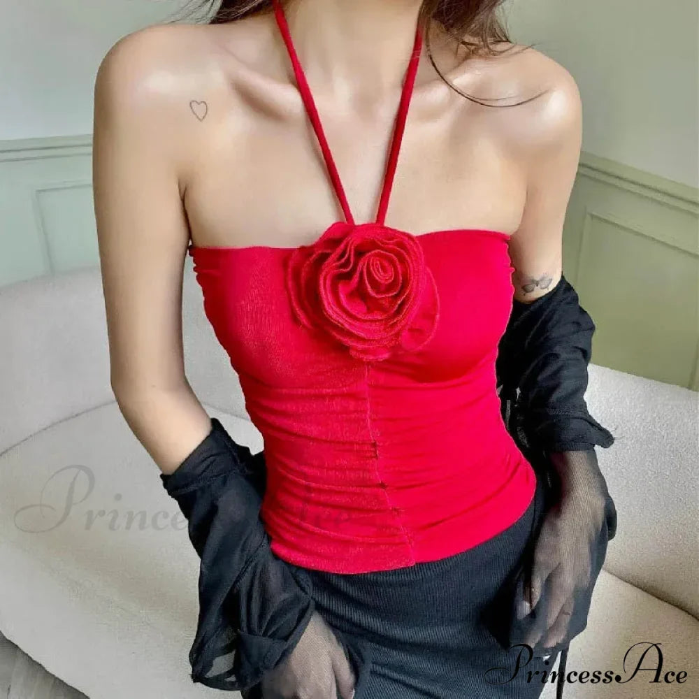 Top a canotta nero mini con spalline incrociate, senza spalle, senza schienale, con motivo a fiori e arricciature, canotta sexy da donna