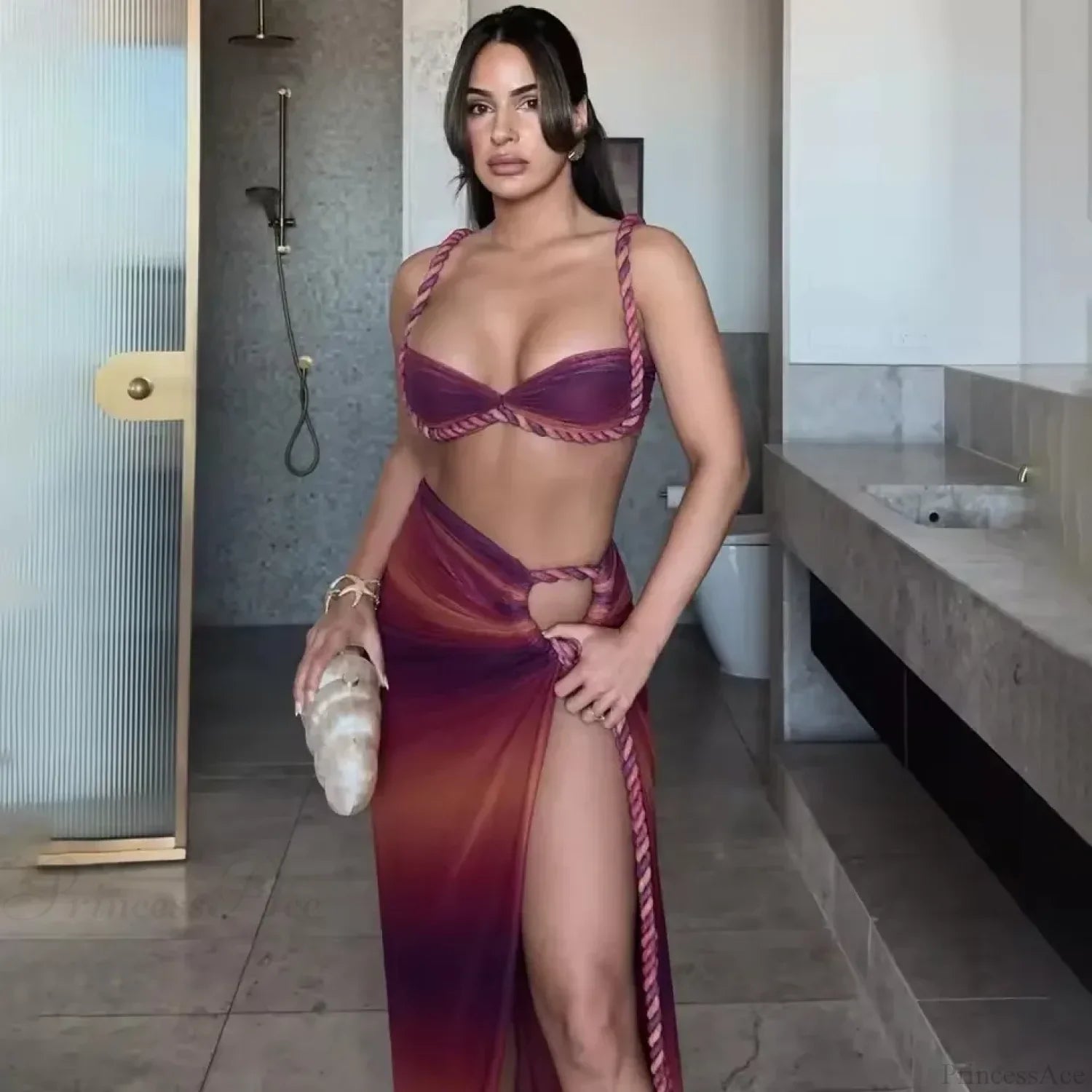 Gradient Bikini Set with Long Skirt Three Piece Swimsuit