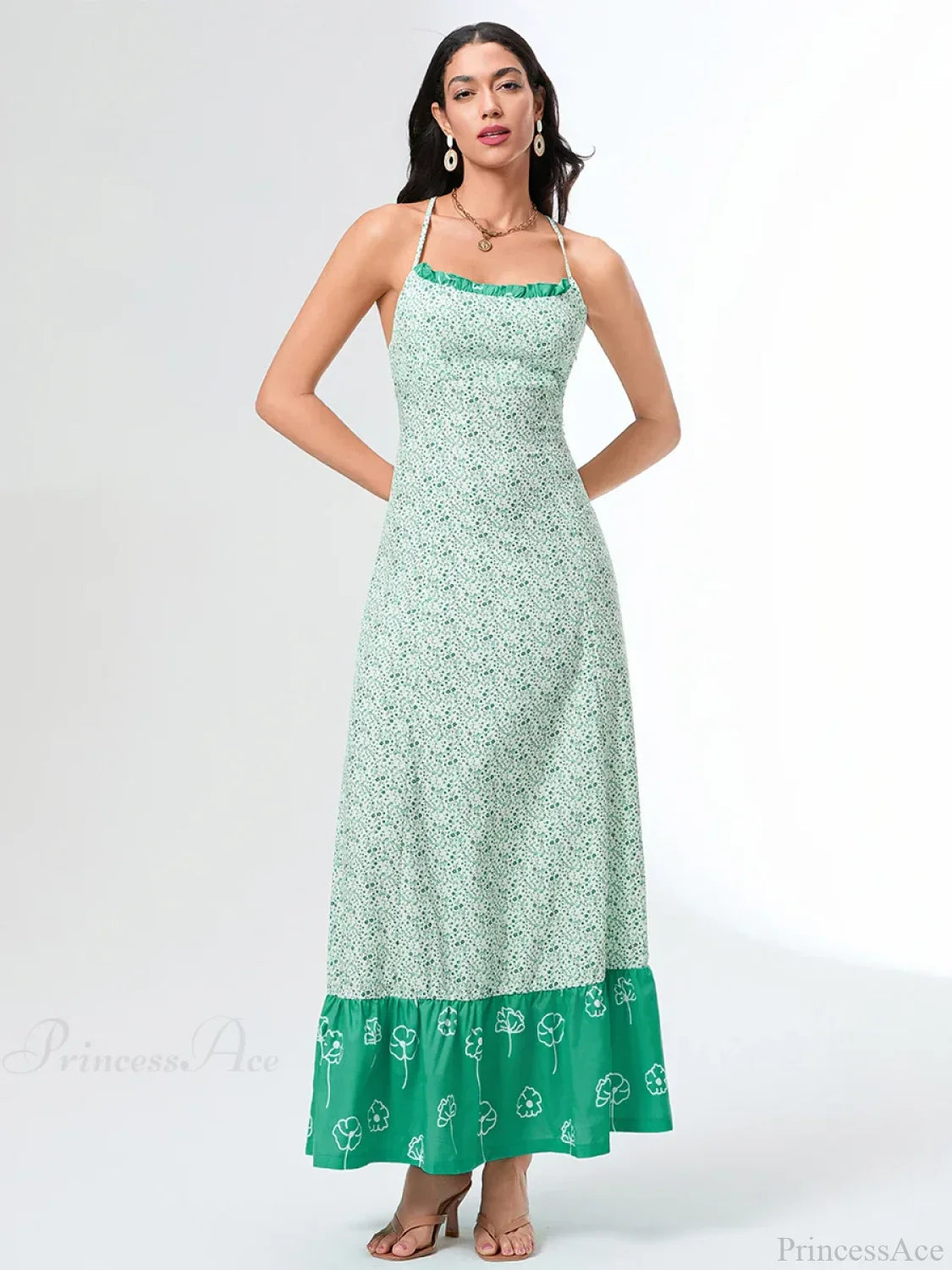 Abito Floreale Flowy con Incrocio e Laccio sul Retro Verde