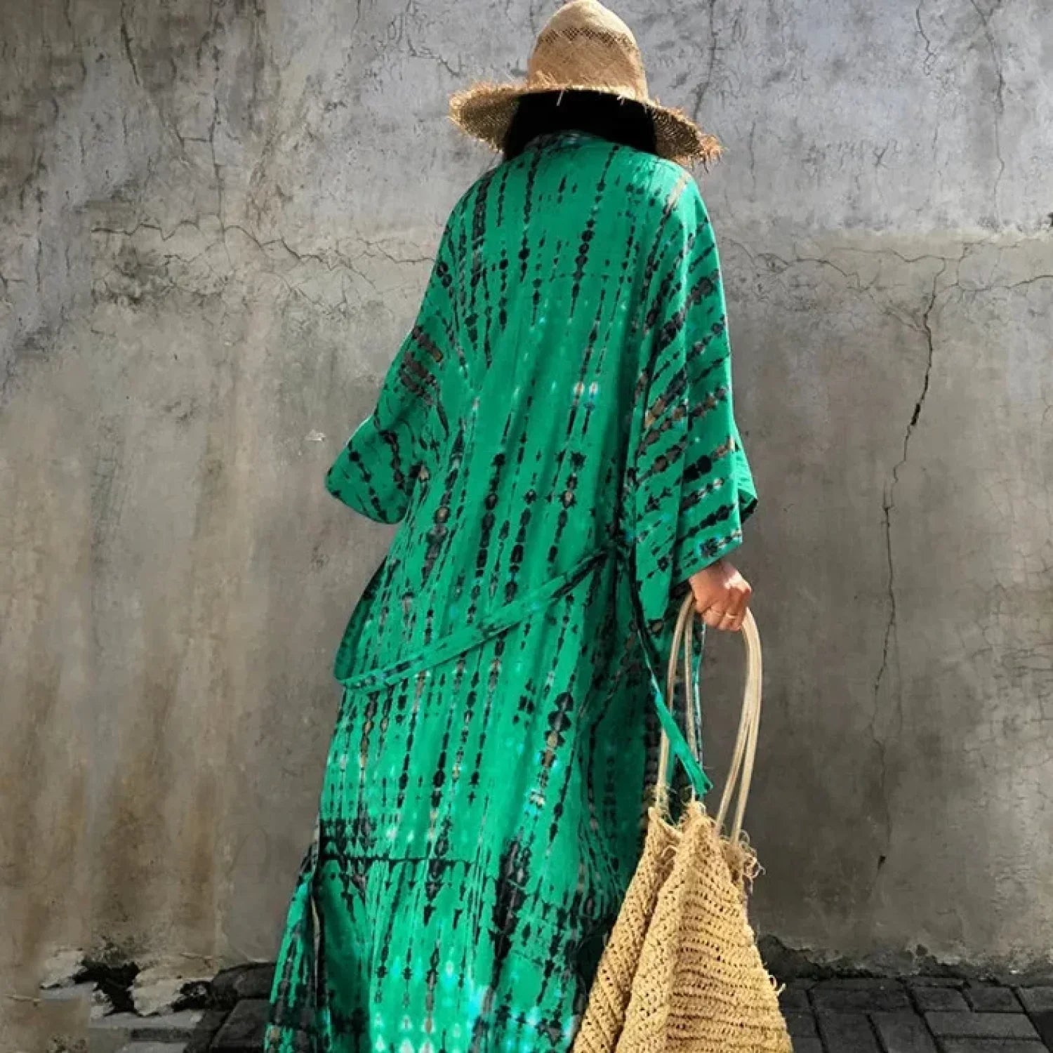 Green Printed Silky Kimono Robe Boho Cover up