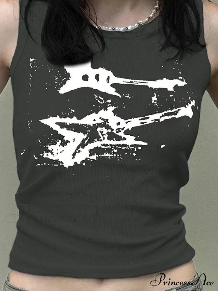 Canotta smanicata a coste da donna stile Y2K con stampa chitarra, top corto casual Harajuku, abbigliamento da strada anni '90