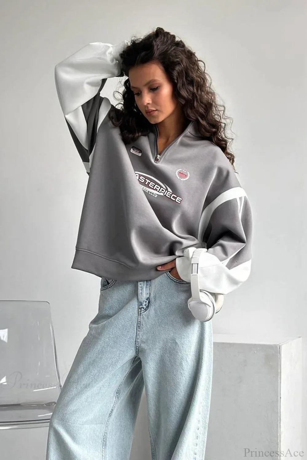 Sweat à capuche à col montant avec demi-fermeture éclair et imprimé de lettres