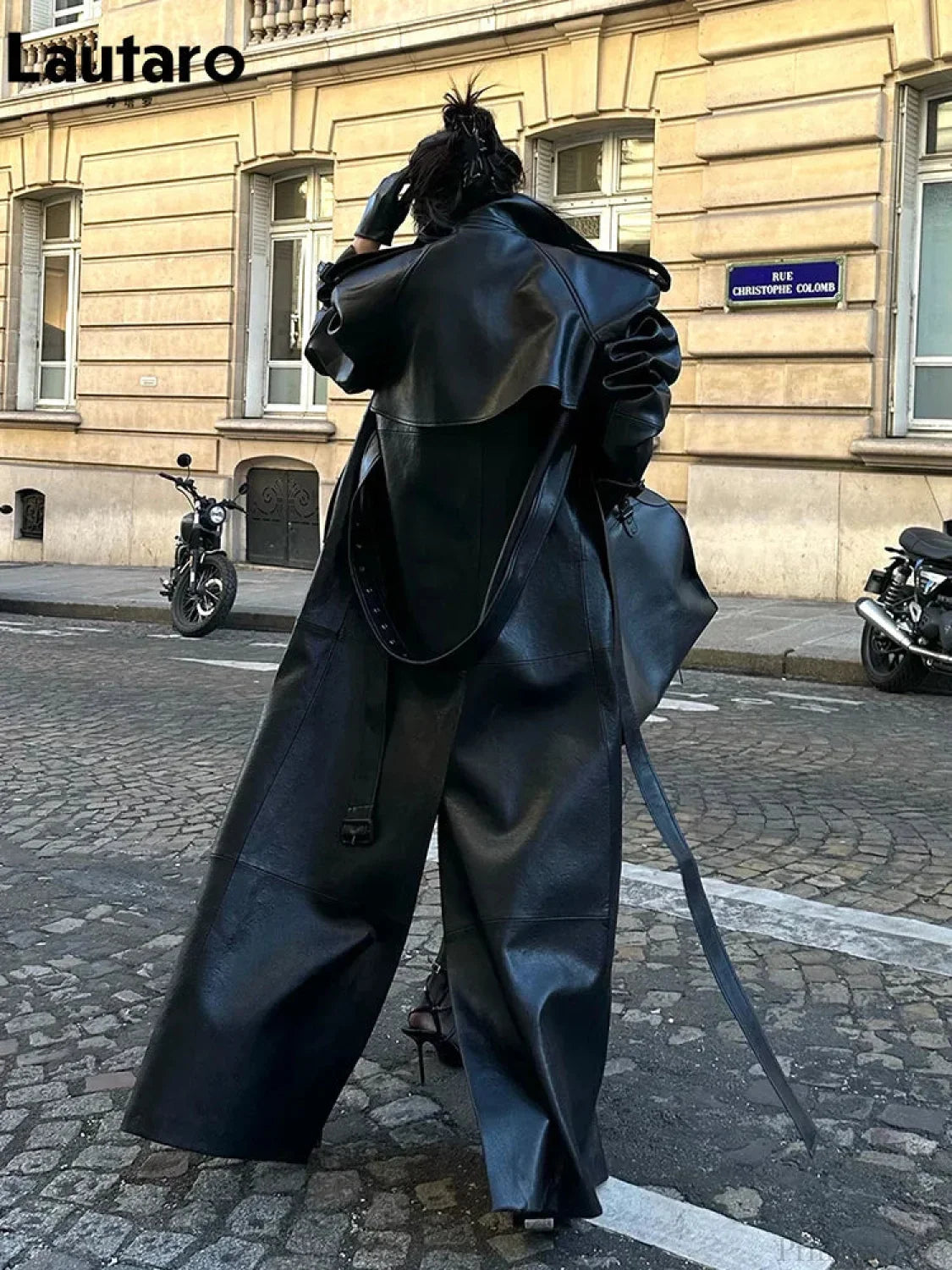 High Slit Black PU Leather Overcoat