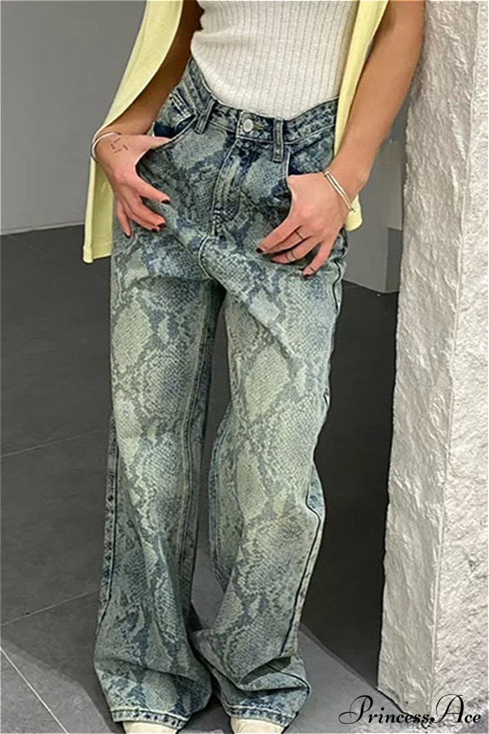 High Waist Snake Print Washed Straight Jeans
