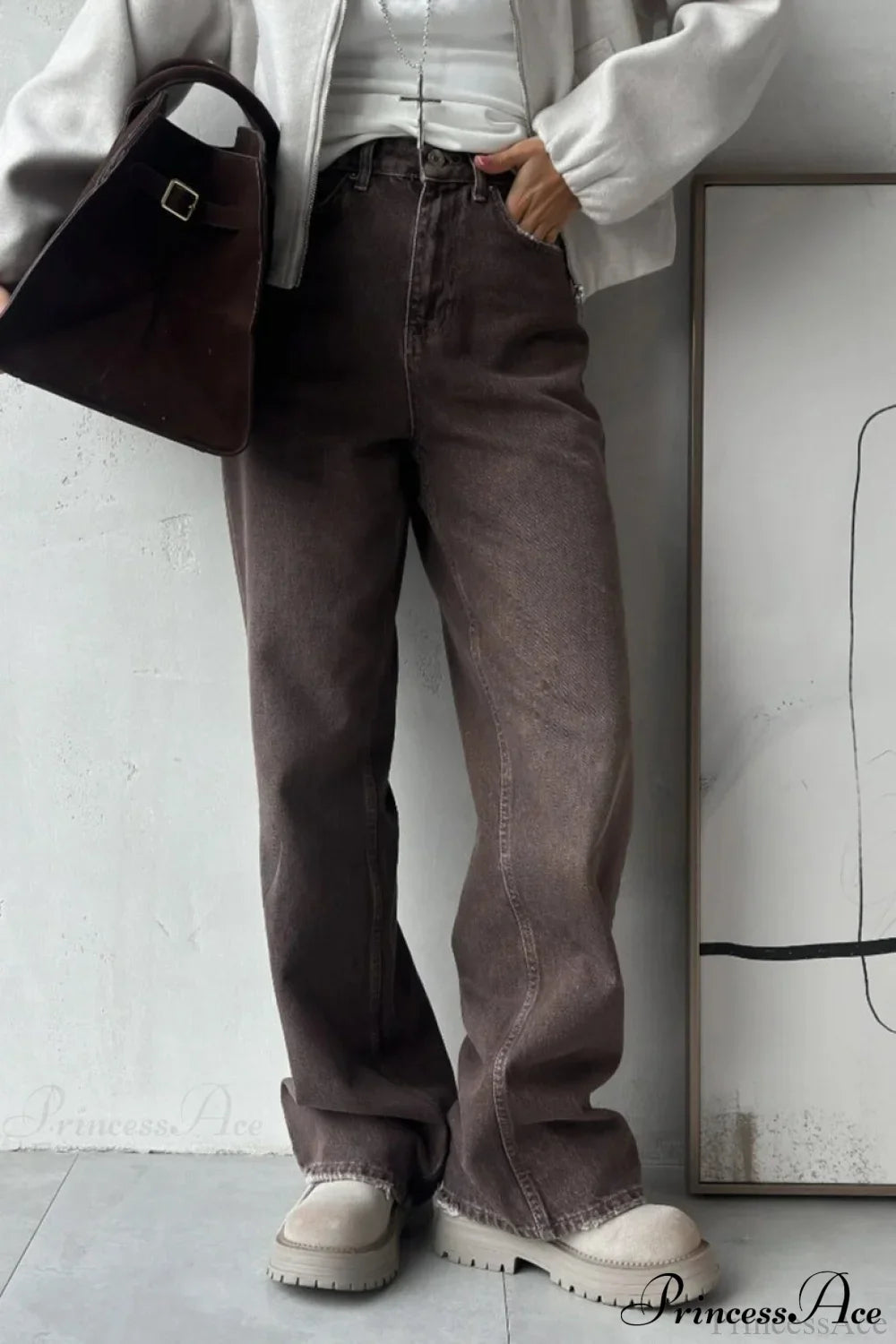 High Waisted Brown Straight Leg Jeans