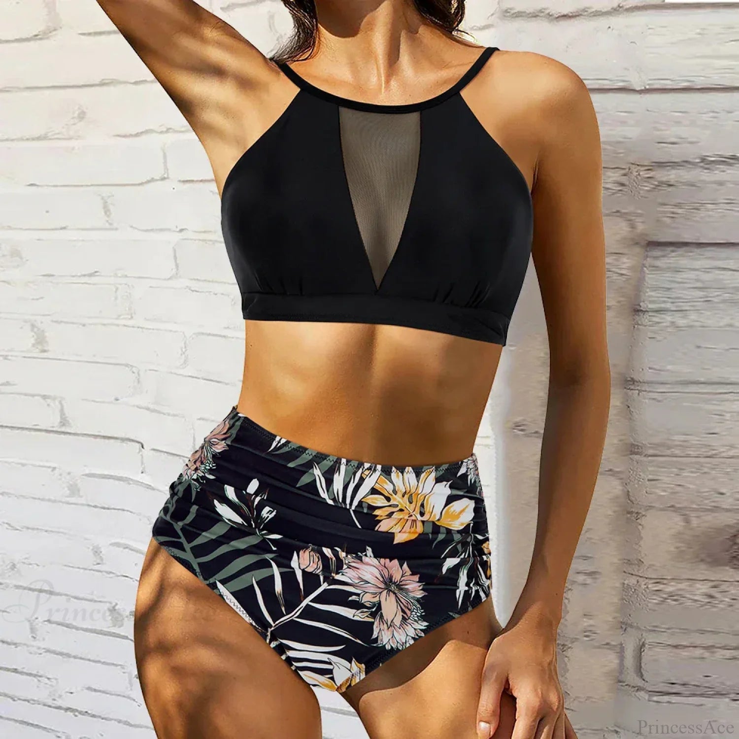 Hollow Solid Color High Waist Two Piece Set