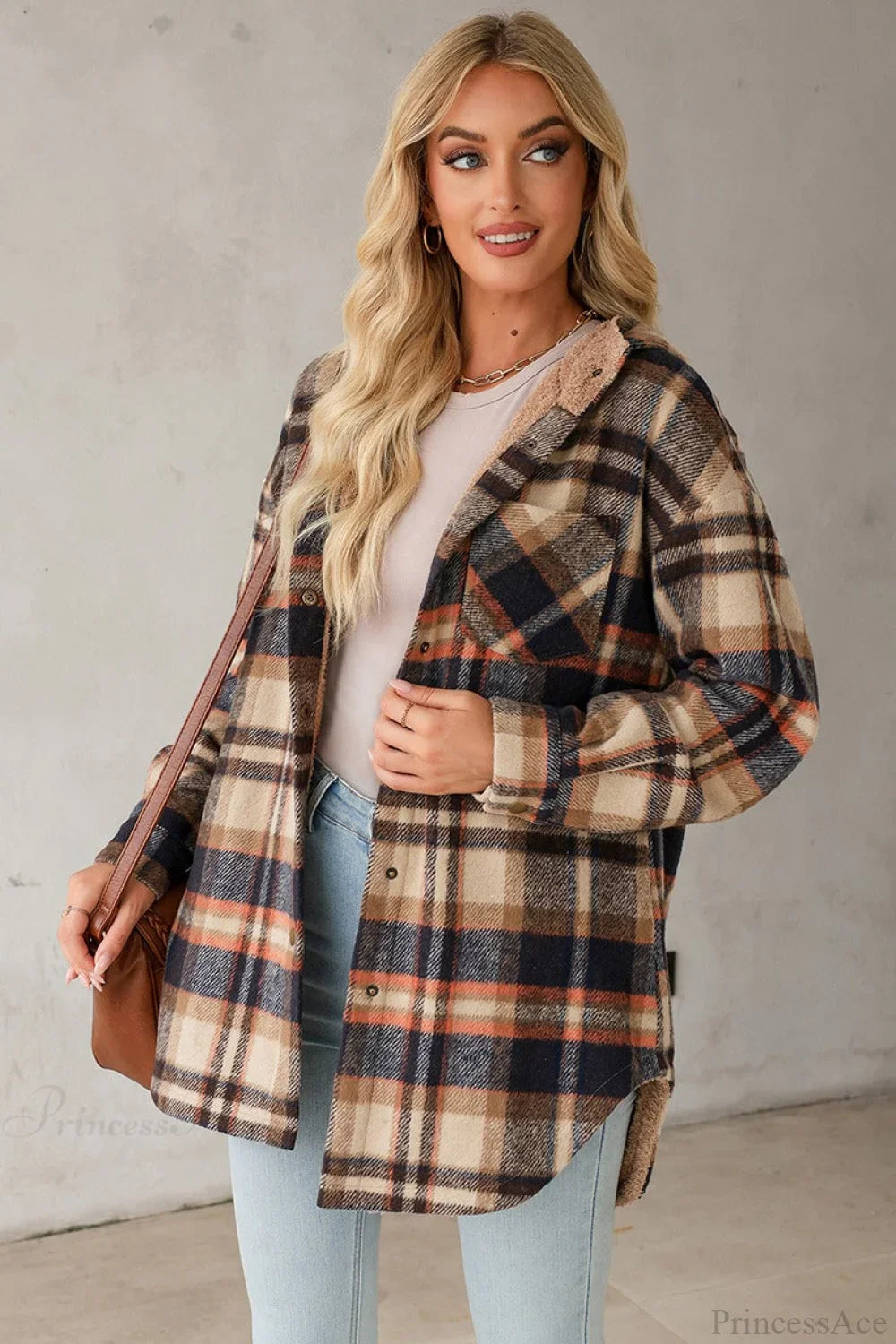 Hooded Long Sleeve Plaid Print Fleece Lined Coat