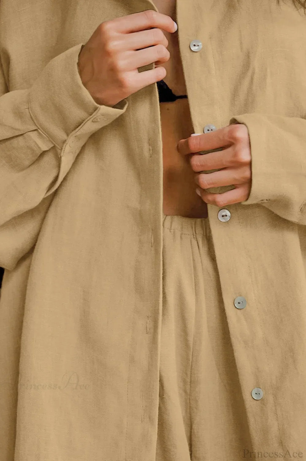 Khakifarbener Baumwoll-Leinen-Lockerer Zweiteiler mit Langarm