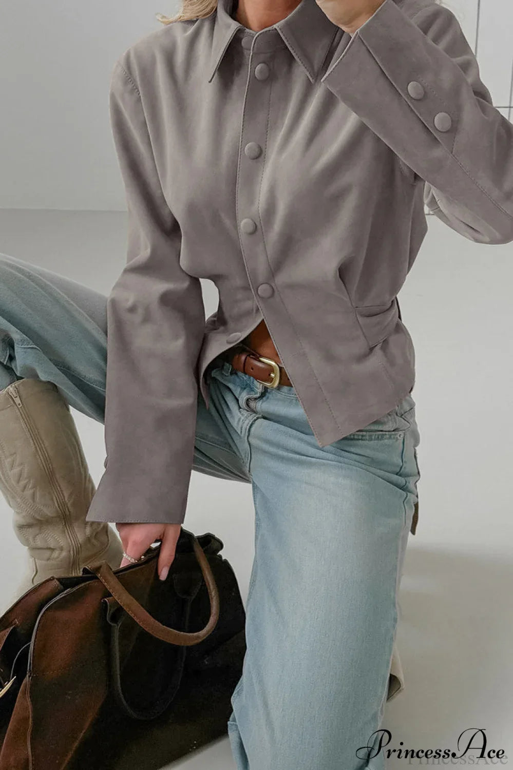 Khaki Suede Collared Ruched Blouse