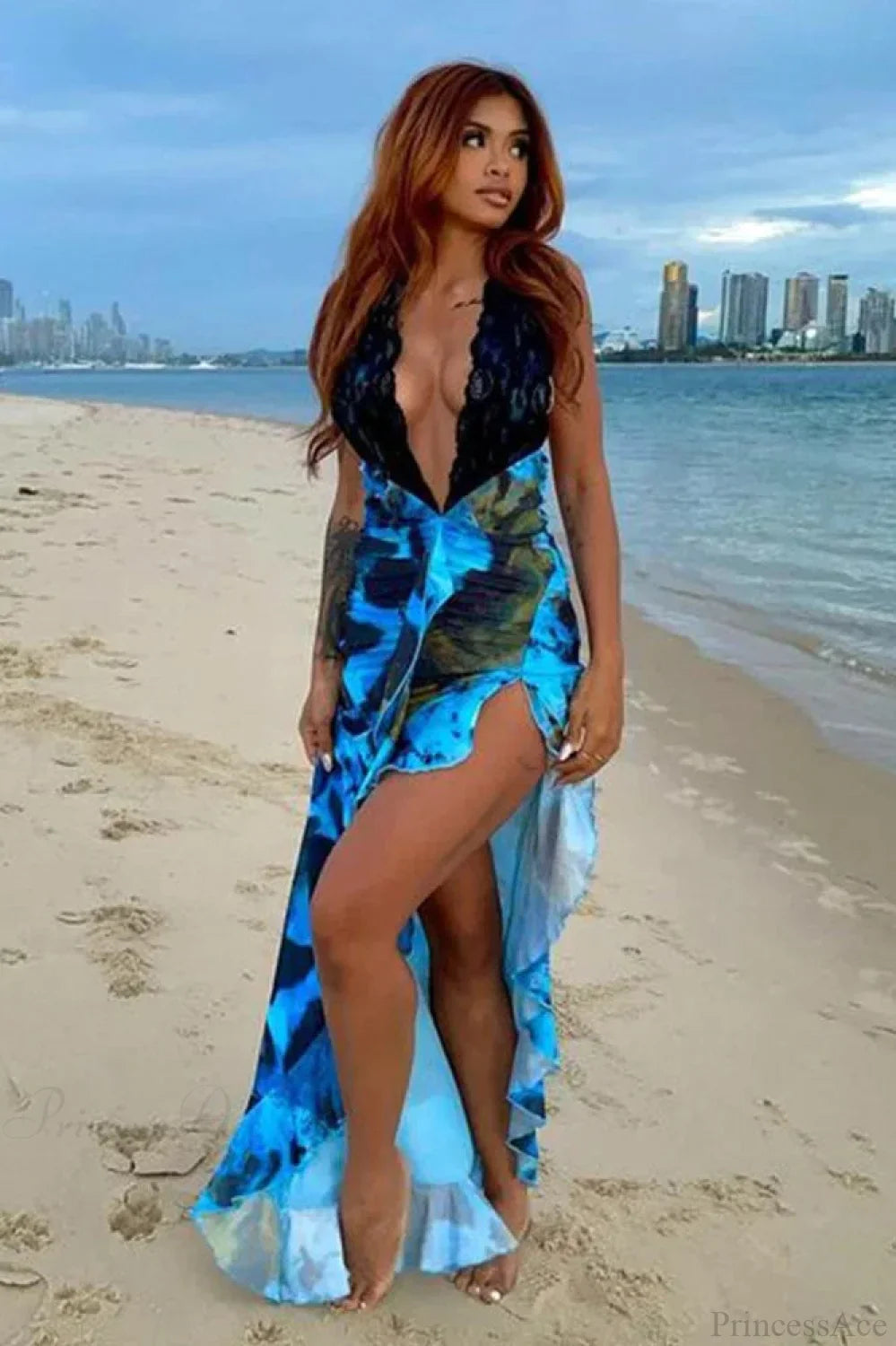 Lace Patchwork Halter Vacation Dress