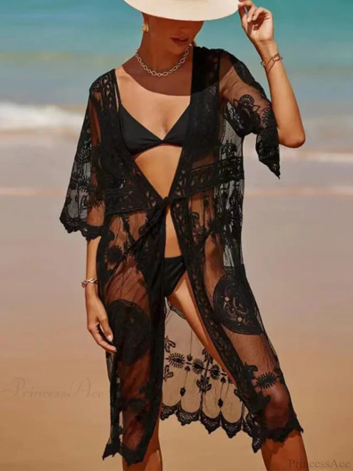 Lace See Through Embroidery Bikini Cover Up