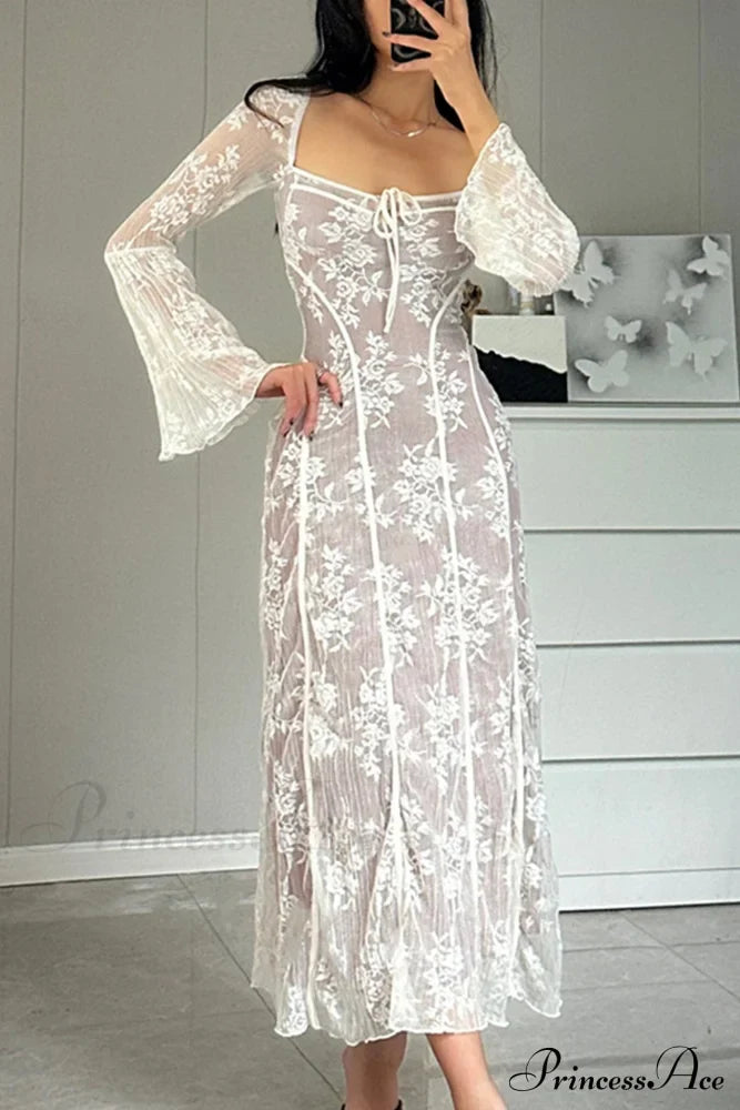 Lace Tie-up Flares Sleeve Midi Dress