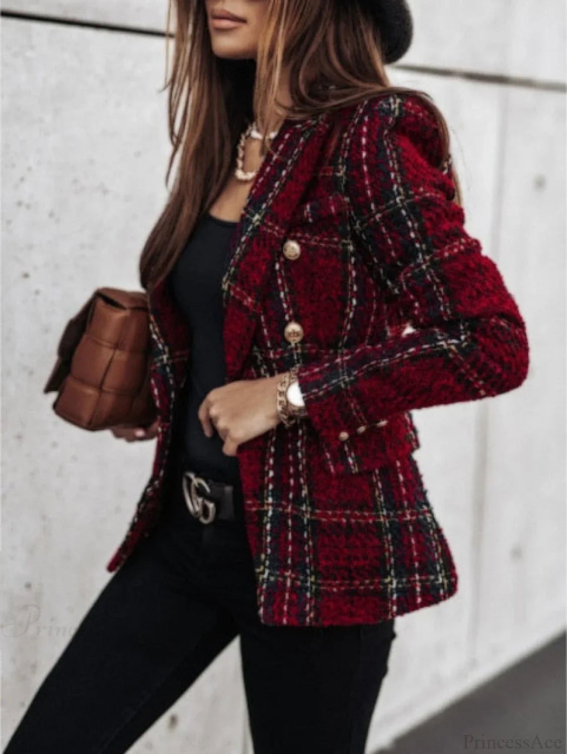 Lady Elegant Double-breasted Check Slim Long-sleeved Blazer