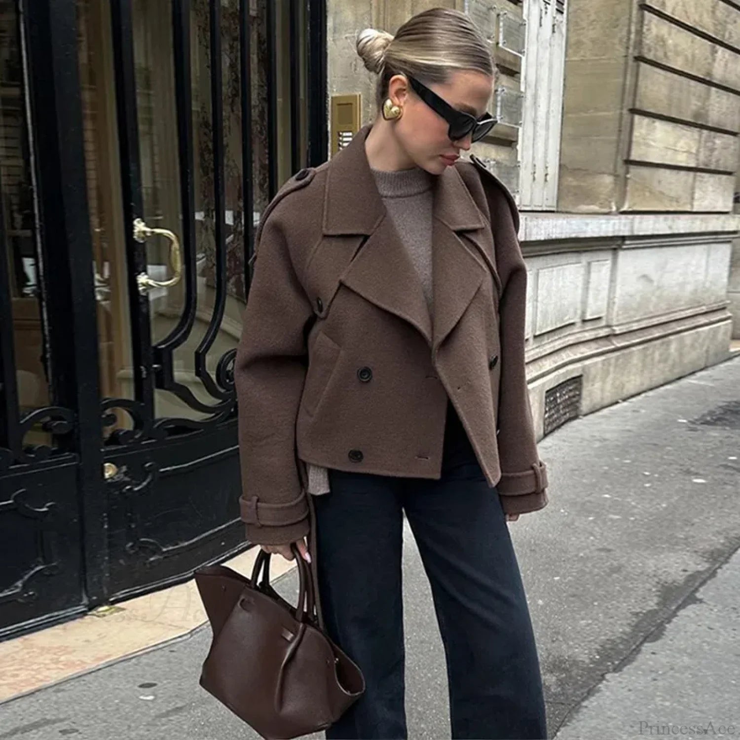 Lamb Wool Patchwork Leather Belted Overcoat