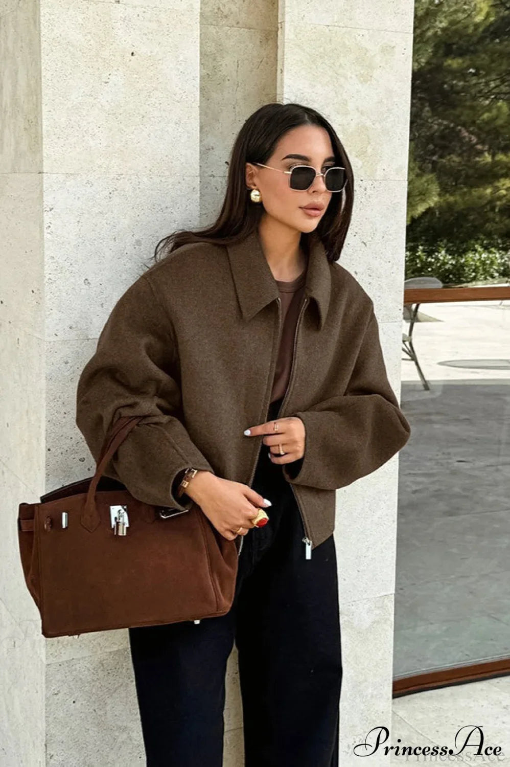 Lapel Long-Sleeve Zip Loose Woolen Jacket