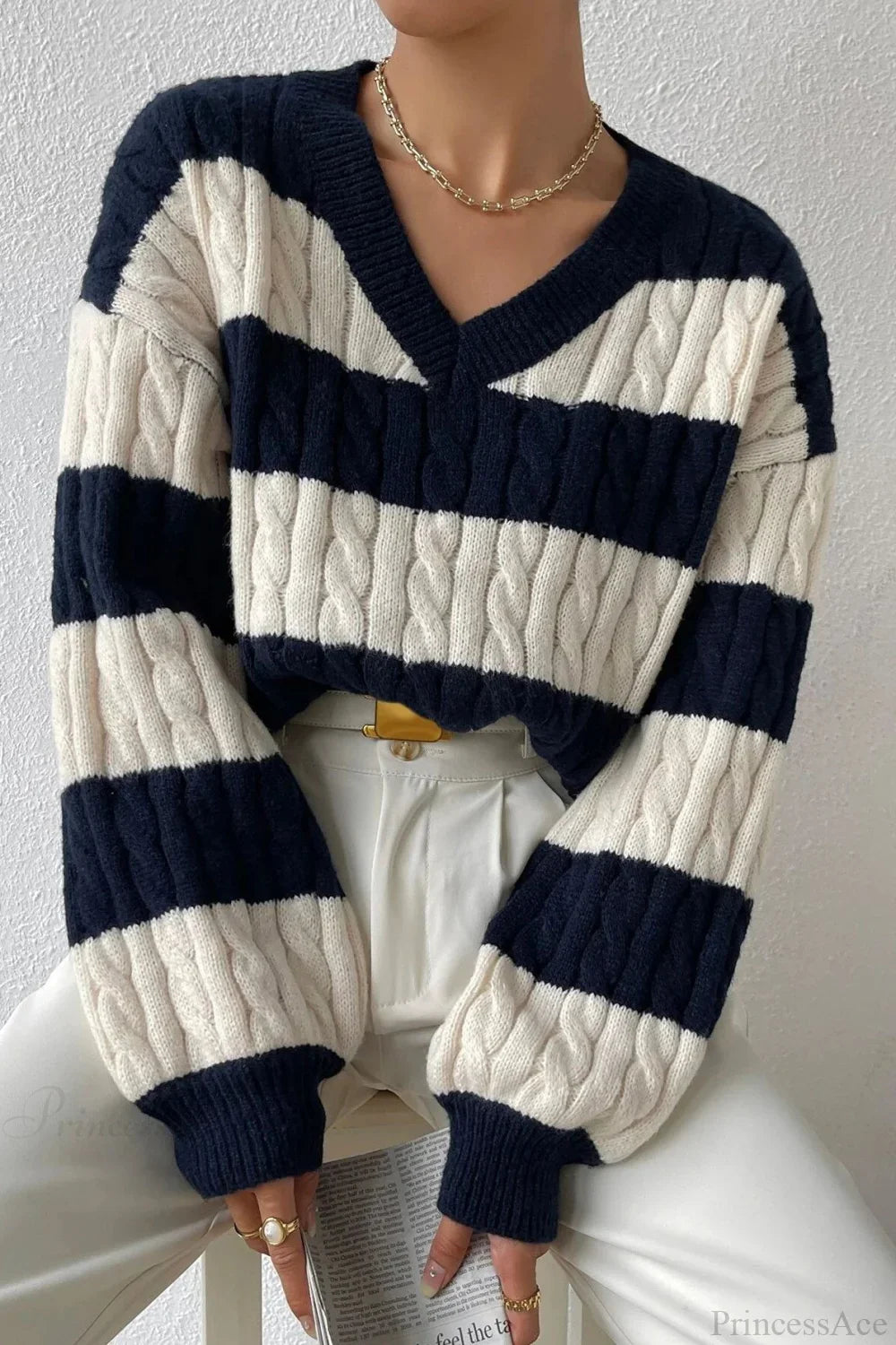 Lazy Loose V-neck Cable Knit Colorblock Stripe Sweater