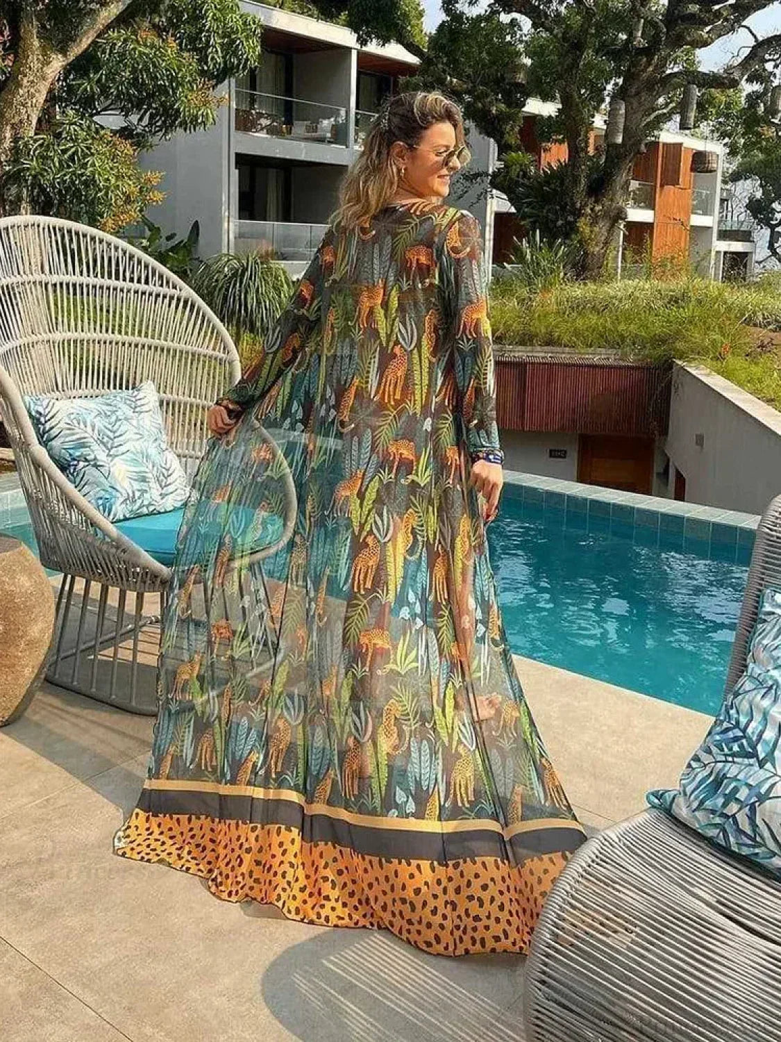 Leaf Print Mesh Beach Cover Up