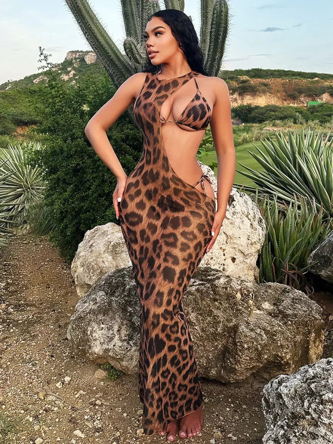 Leopard Beach Cover Up Bikini Three Piece Swimsuit