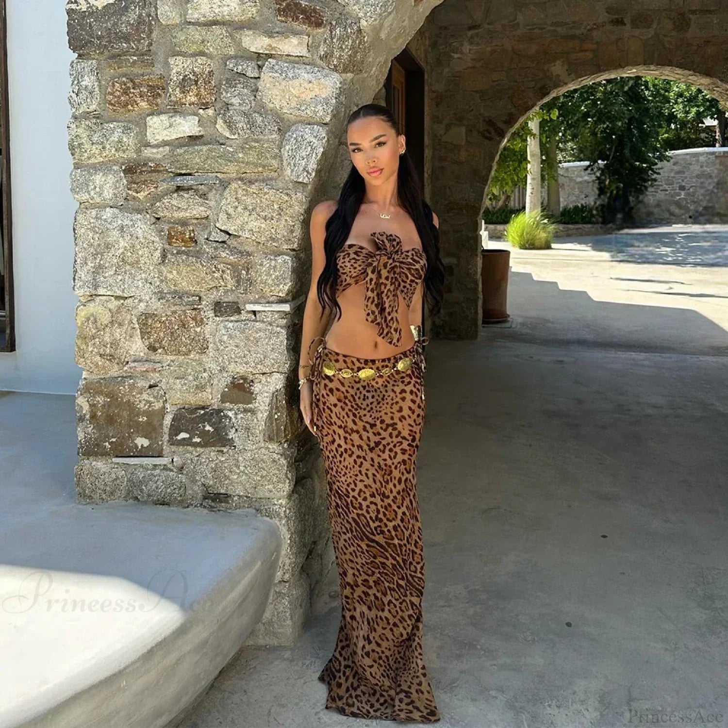 Leopard Bow Long Skirt Three Piece Swimsuit