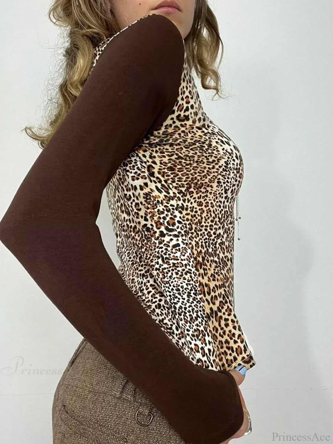 Leopard Patchwork Hooded Slim V-Neck Long Sleeve Knit Top