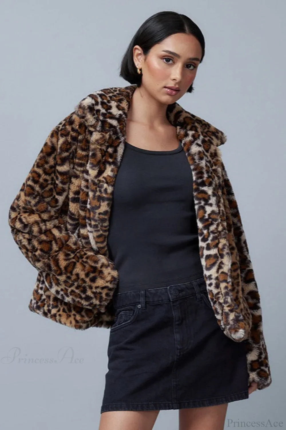 Leopard Print Faux Fur Collar Vintage Coat